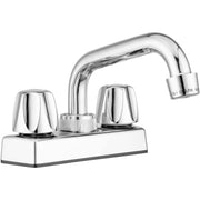 A polished chrome sink faucet with a curved spout and two matching cylindrical handles on a white background.