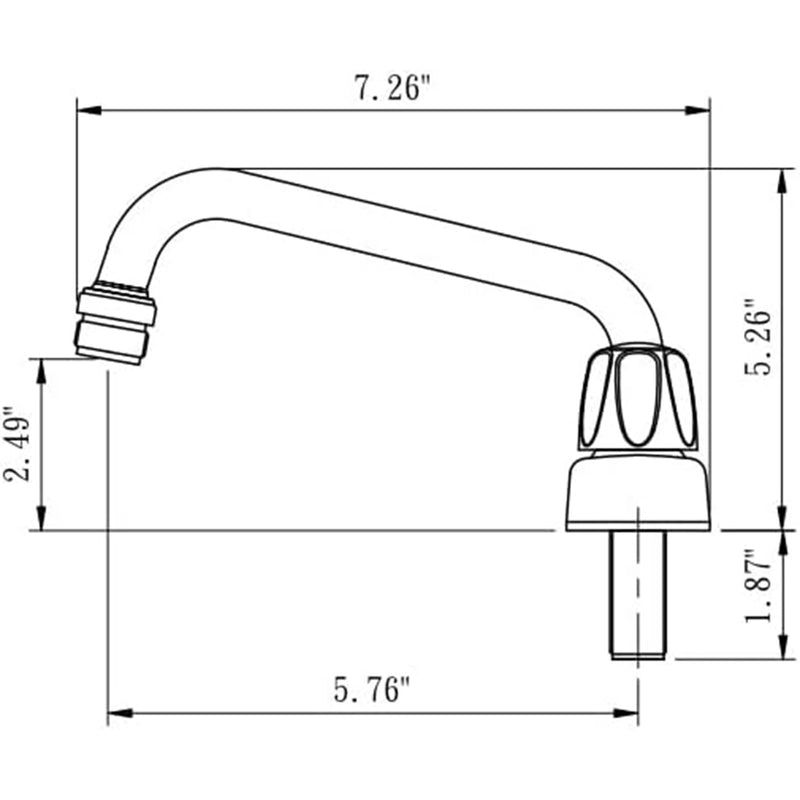 Black and white line drawing of a faucet with dimension annotations showing 7.26 inches width, 5.