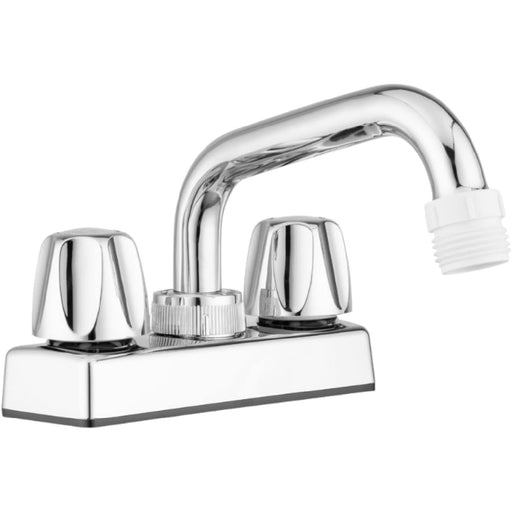 A polished chrome faucet with a curved spout and two round handles, shown on a plain white background.