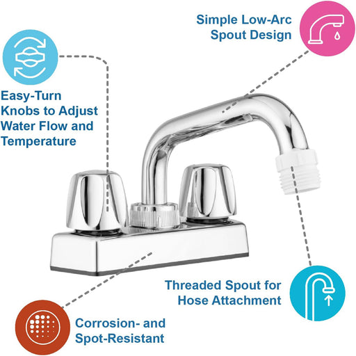 A chrome double-handle faucet with callout text and icons highlighting features: easy-turn knobs for adjustable water flow and temperature, simple low-arc spout design, threaded spout for hose attachment, and corrosion- and spot-resistant finish.