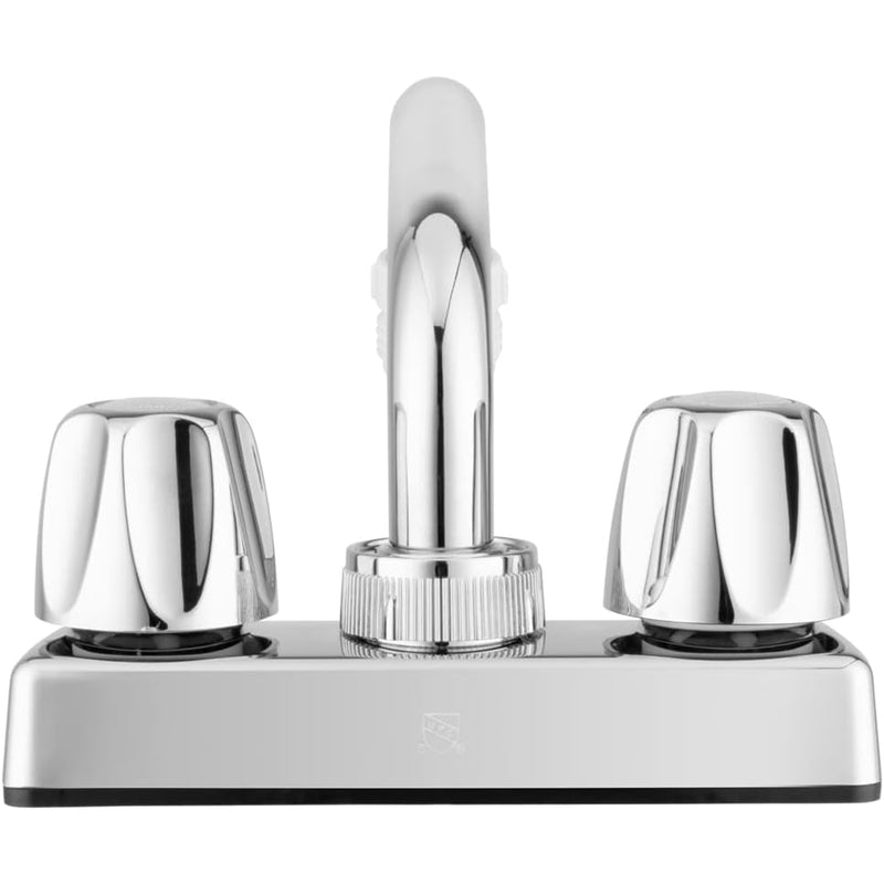 A polished chrome two-handle sink faucet set with a central spout and matching round knobs, shown on a plain white background.