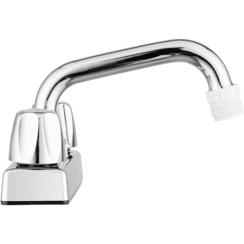 A polished chrome Faucet with a square deck plate and a white threaded adapter at the tip of the curved spout, shown on a plain white background.
