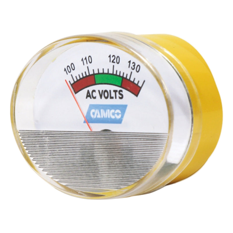 An analog voltage meter with a white dial, black markings, and a yellow casing. The meter is labeled with 'AC VOLTS' and a range from 100 to 130.