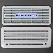 One white Dometic vent or grille and one norcold replacement panels shown on a dark gray background, with one panel labeled 'REPLACES THIS STYLE' across the center.