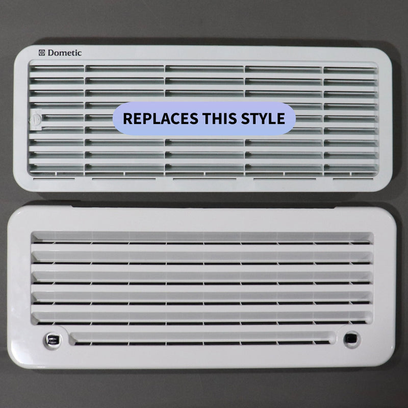 One white Dometic vent or grille and one norcold replacement panels shown on a dark gray background, with one panel labeled 'REPLACES THIS STYLE' across the center.
