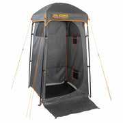 A gray and orange privacy tent with a roll-up door, designed for outdoor use as indicated by the brand KUMA.