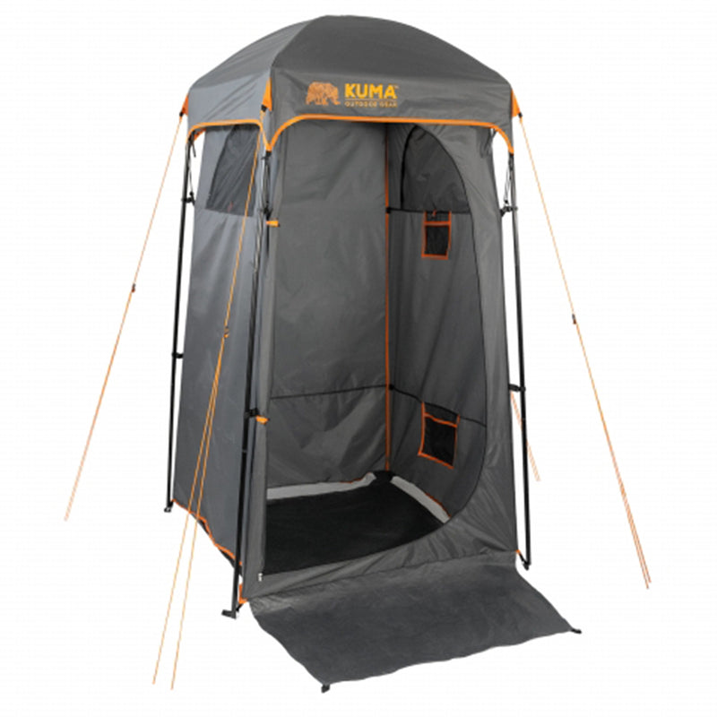 A gray and orange privacy tent with a roll-up door, designed for outdoor use as indicated by the brand KUMA.