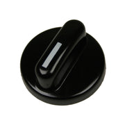 A black stove knob with a white accent stripe.