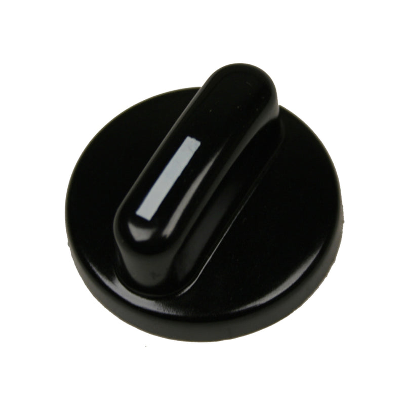 A black stove knob with a white accent stripe.