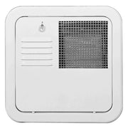 White metal door for a hot water heater with a grid pattern and a latch on the front.