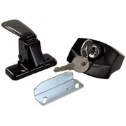 A black screen door latch system, including the latch, lock, and a key, along with a metal mounting plate.