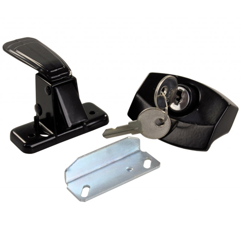 A black screen door latch system, including the latch, lock, and a key, along with a metal mounting plate.