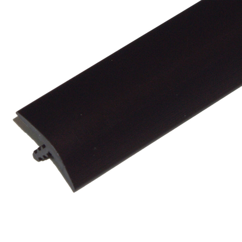 A black piece of T molding, used for trim purposes on tables or countertops, displayed against a plain background.