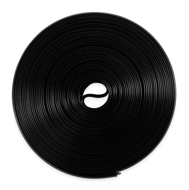 A roll of black vinyl trim insert shown from the side