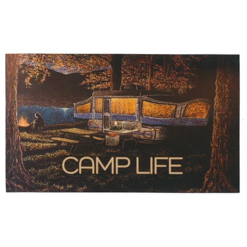 A decal featuring a chalk art illustration of a camping scene with a pop-up camper and the text 'CAMP LIFE' displayed.