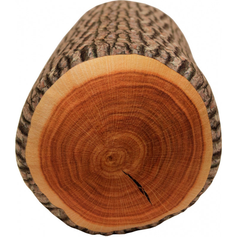 A large cylindrical pillow with a simulated wood log design, featuring a soft exterior and sturdy inner foam.