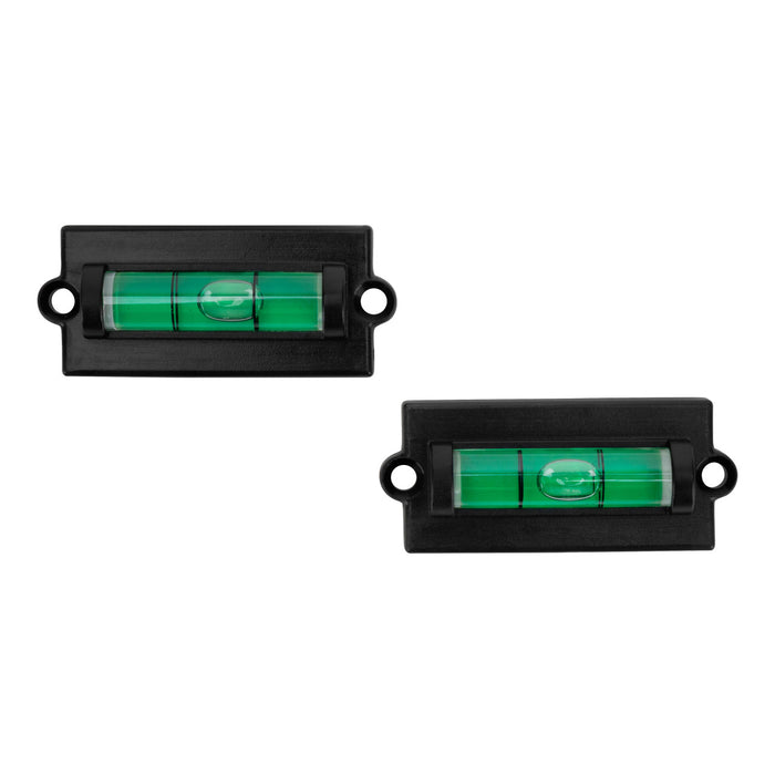Two black rectangular spirit levels with green floats on a white background