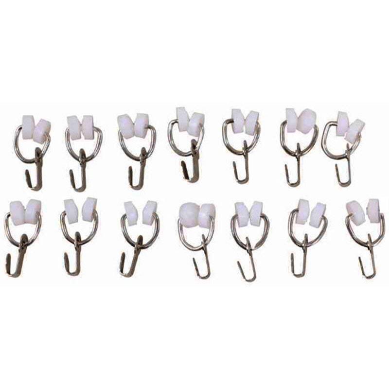 A set of metal and plastic wheeled carriers for screen door or shower curtain tracks.