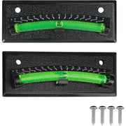 Two black textured level plates with bright green bubble levels and white measurement markings, shown on a white background with four silver mounting screws.