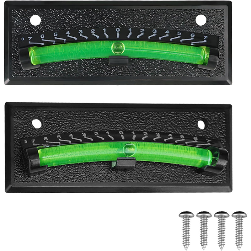 Two black textured level plates with bright green bubble levels and white measurement markings, shown on a white background with four silver mounting screws.
