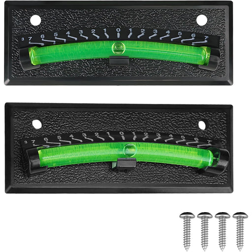 Two black textured level plates with bright green bubble levels and white measurement markings, shown on a white background with four silver mounting screws.