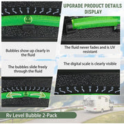 A promotional collage for an RV level bubble fluid pack, showing close-up product detail panels with a bright green level tube, black textured container, printed bubble scale, and text claims like 'Upgrade product details display' and 'Rv Level Bubble 2-Pack.' A small outdoor RV scene appears at the bottom right as contextual use imagery.