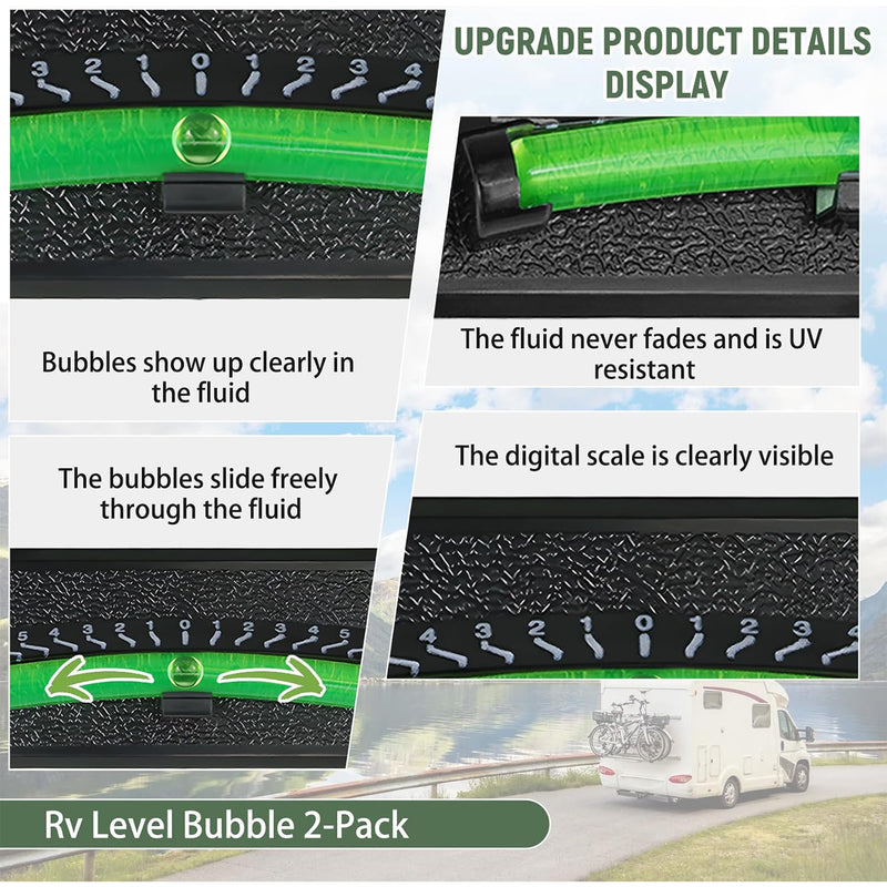 A promotional collage for an RV level bubble fluid pack, showing close-up product detail panels with a bright green level tube, black textured container, printed bubble scale, and text claims like 'Upgrade product details display' and 'Rv Level Bubble 2-Pack.' A small outdoor RV scene appears at the bottom right as contextual use imagery.