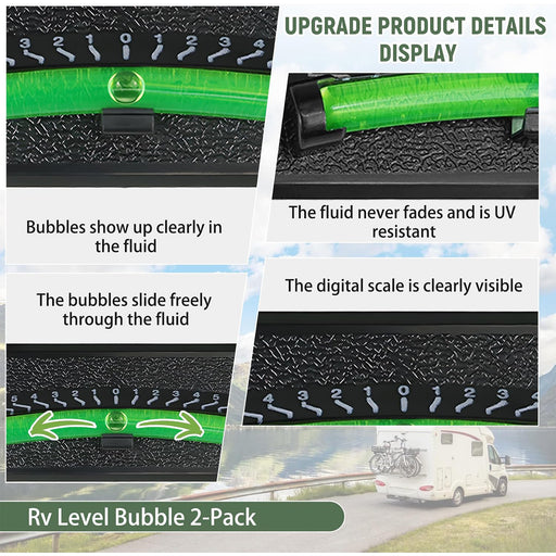 A promotional collage for an RV level bubble fluid pack, showing close-up product detail panels with a bright green level tube, black textured container, printed bubble scale, and text claims like 'Upgrade product details display' and 'Rv Level Bubble 2-Pack.' A small outdoor RV scene appears at the bottom right as contextual use imagery.