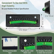 An informational product graphic for an RV level bubble product. It shows the black rectangular bubble level with a bright green tube and clear bubble, along with dimension labels (3.