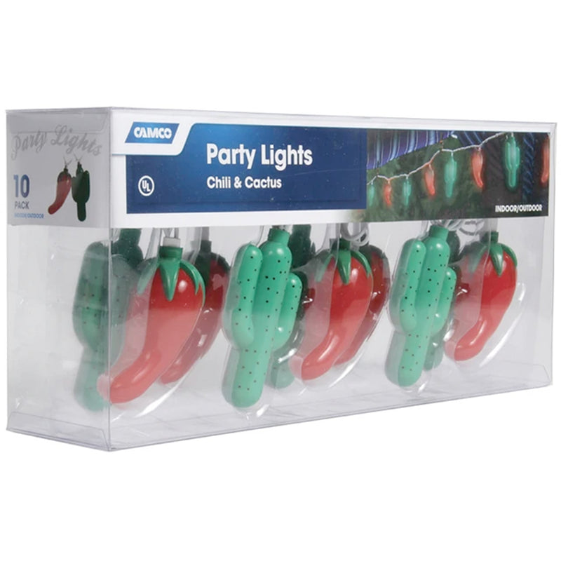 cactus and chili party lights in a retail package