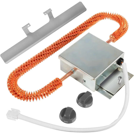 Heating element kit with metal box, and control knobs on a white background
