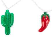 Decorative string lights shaped like a cactus and a red chili pepper on a white background