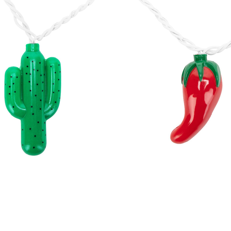 Decorative string lights shaped like a cactus and a red chili pepper on a white background