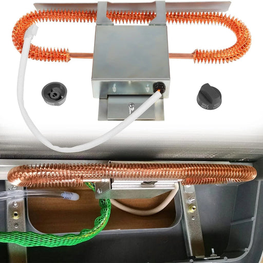 Close-up of a heat strip with copper coils and connectors.