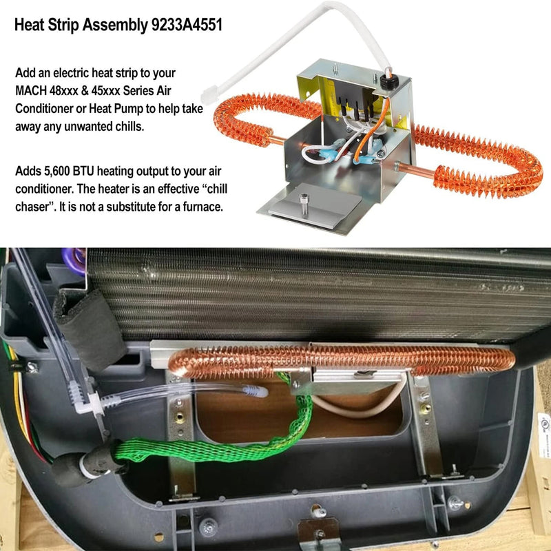 Heat strip assembly for air conditioner with text explaining its use.