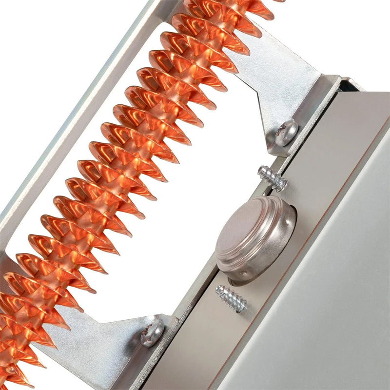 Close-up of a heating element with orange fins on a white background