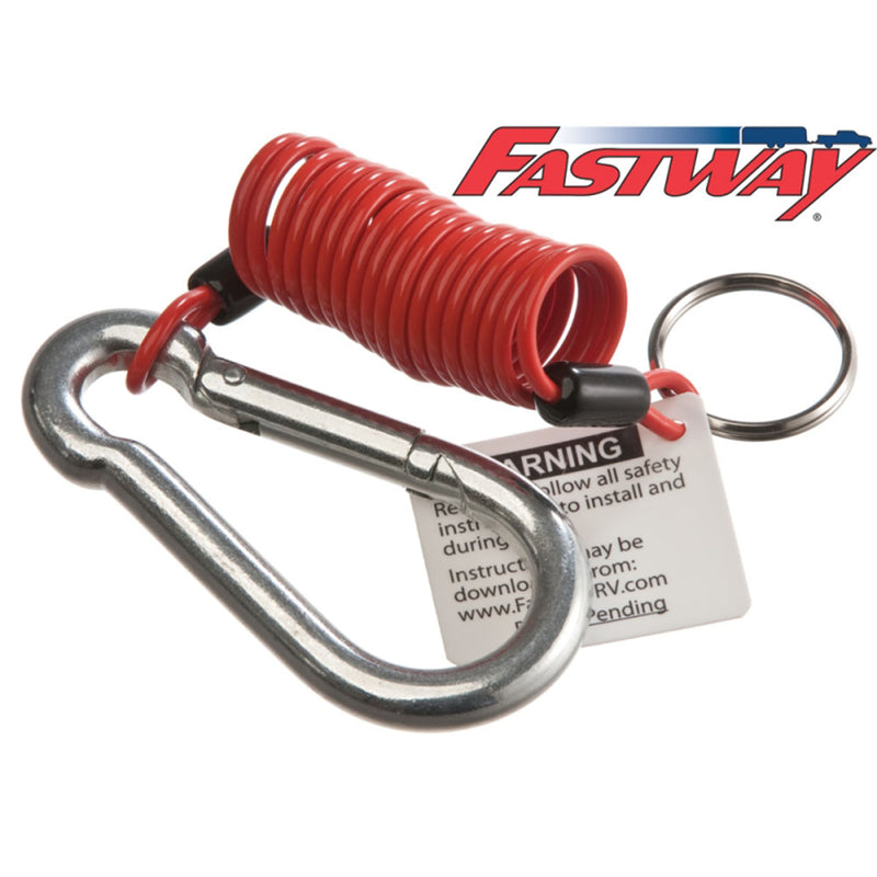 breakaway cable with metal carabiner and warning label on a white background, featuring the Fastway logo.