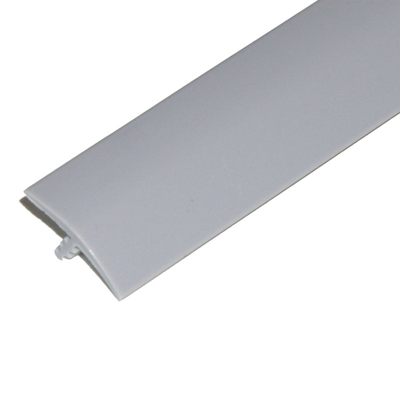A length of gray-colored T molding, used for trim purposes around table and countertop edges.