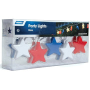 Packaged star-shaped party lights with red, white, and blue stars on a white background