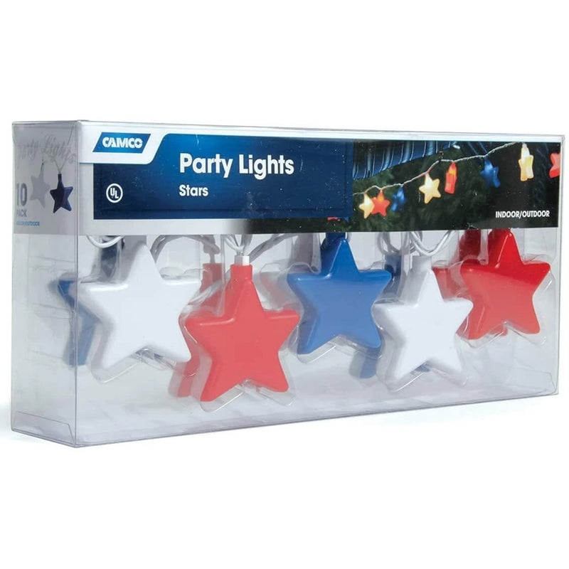 Packaged star-shaped party lights with red, white, and blue stars on a white background