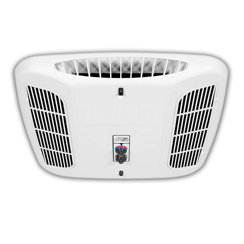 White coleman ceiling assembly with black grilles on a white background