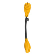 A 50/30 adapter with a black cable and yellow connectors, designed for plugging a 30 amp camper into a 50 amp power source.