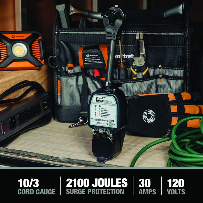 Surge protector with tool belt and tools on a wooden surface