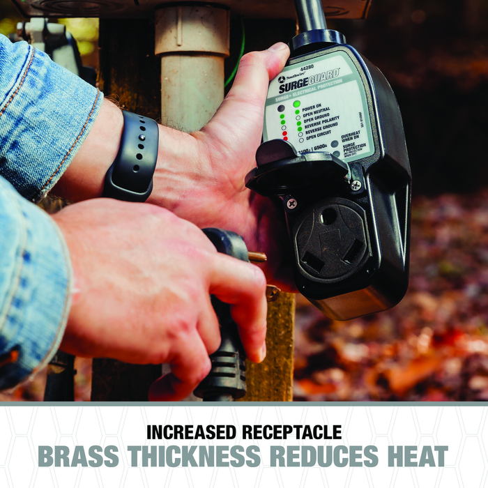 Person using a surge protector with text about increased receptacle thickness reducing heat.