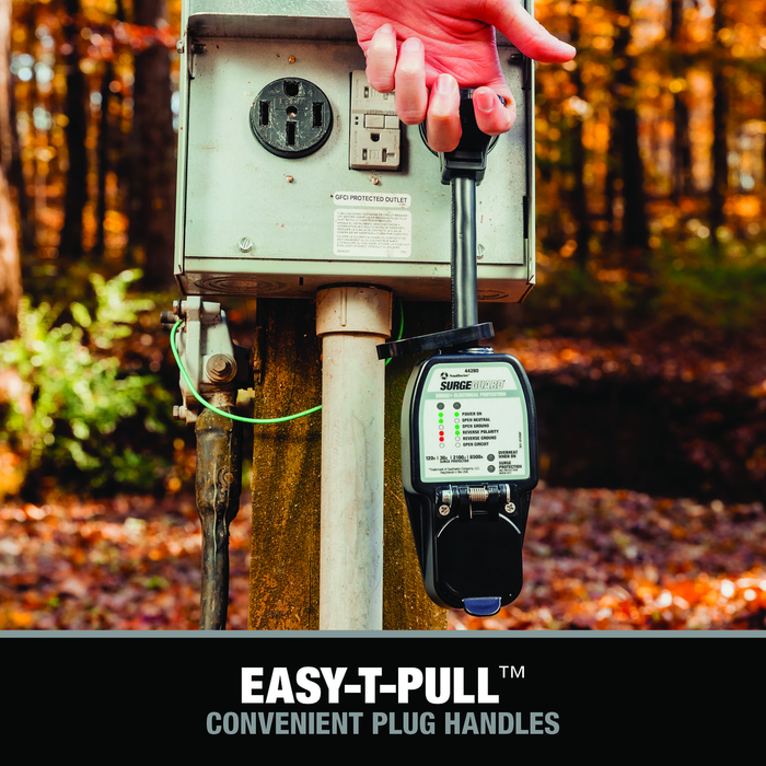 Easy-T-Pull handle shown with the surge protector plugged into a campground power pedestal