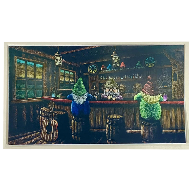 Three animated gnomes in a bar setting with wooden furniture and decorative elements.