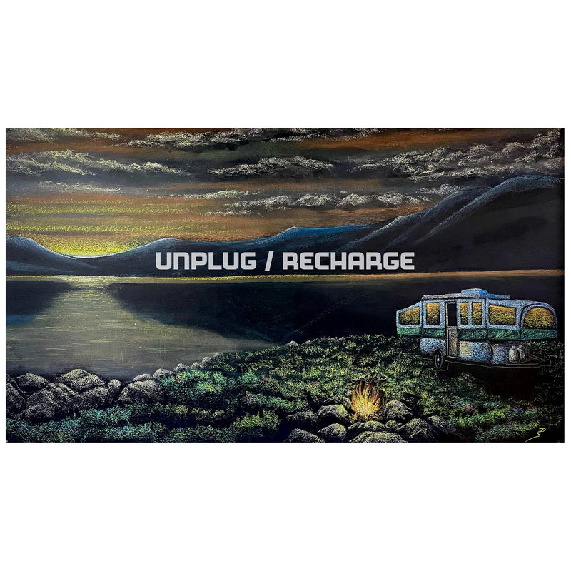 A decal featuring a chalk art illustration of a camping scene with a lake, hills, and a camper, with the text 'UNPLUG / RECHARGE' displayed.