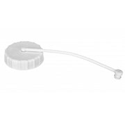 A white fresh water tank cap with a bayonet tab style and an attached flexible tube.