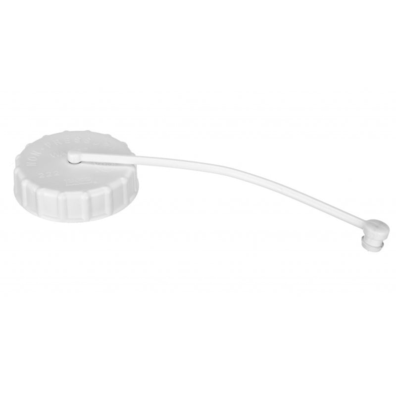 A white fresh water tank cap with a bayonet tab style and an attached flexible tube.