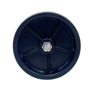 A black jack wheel for a swing down jack, measuring 6 inches in diameter.